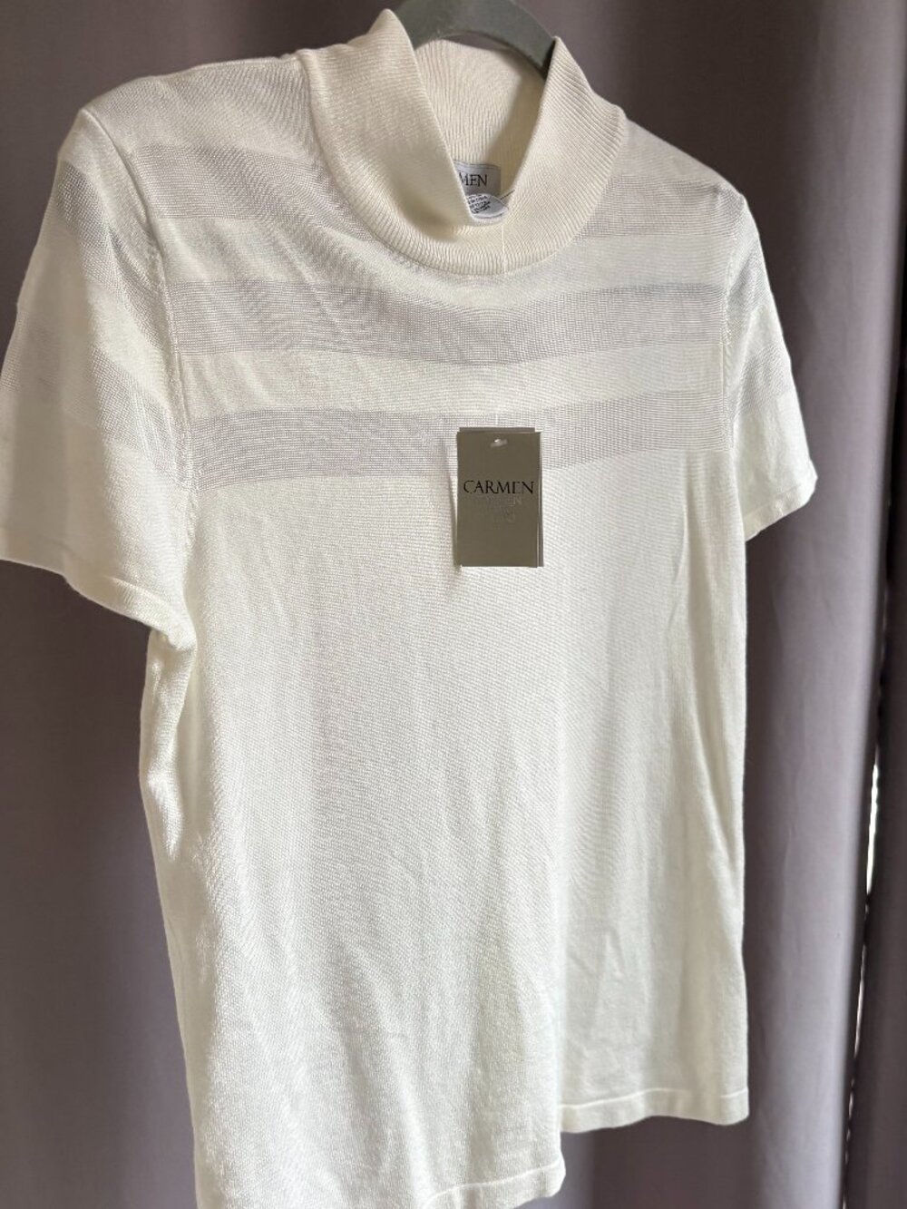 NWT Carmen Marc Valvo Womens Large Mock Neck Sweater White Sheer Stripe Knit 25"
